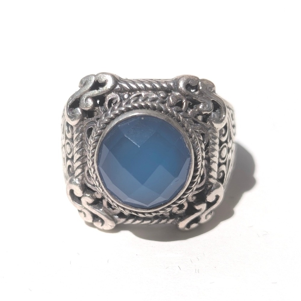 Sarda 925 Sterling Silver Blue Chalcedony Faceted Artisan Scroll Ring Womens 7